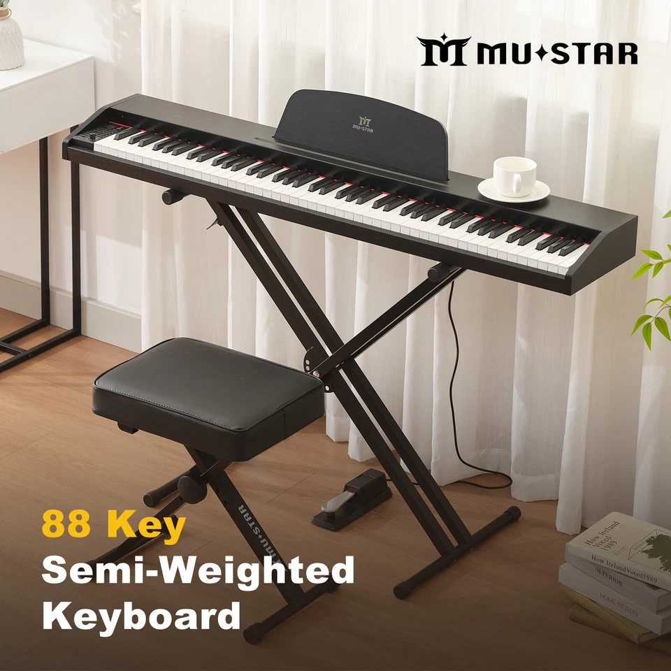 ♬Mustar 88 Key Semi Weighted Digital Piano Portable Keyboard Stool Chair - Image 2 of 4