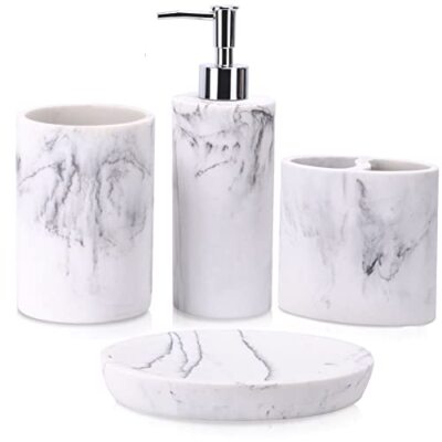 Set Bagno 6 Pezzi ZCCZ – Dispenser Sapone, Portaspazzolino, Vassoio, Bicchiere E 2 Barattoli, Design Moderno In Beige