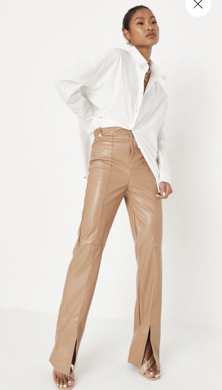 mocha faux leather split front pants