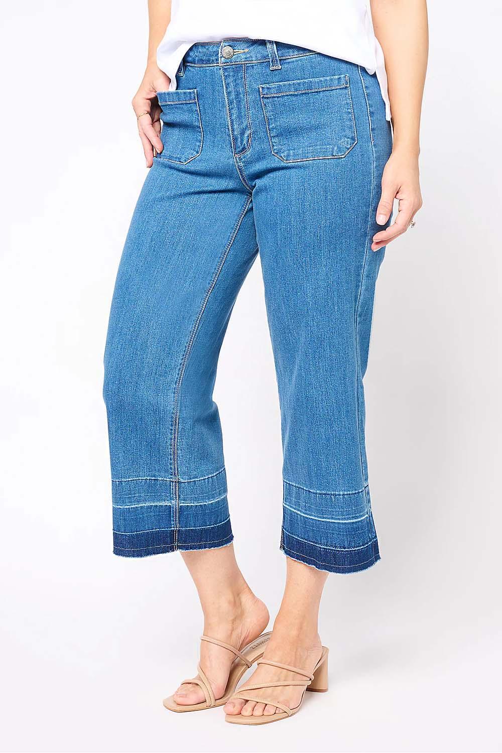 Susan Graver Petite Wide Leg Crop Jean w/ Released Hem Medium Wash