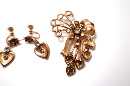Antique Yellow Gold Filled/Rhinestones Screw Back Earrings &Pin/Brooch Set Rare - Picture 7 of 14