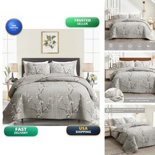 UOZZI BEDDING 3 Pieces Quilt Set Queen Full Size 88x88 Gray Branch White Orange
