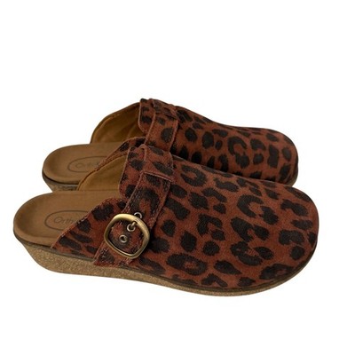 Orthofeet Casey Leopard Clogs Womens Size 10.5 2E X-Wide Brown Suede