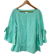 Charter Club Linen Bell Sleeve Top Size L Teal Coastal Beachy Resortwear