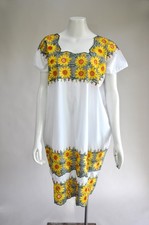 Vintage 1960s Embroidered Mexican Huipil Boho Festival Dress Wear Sunflower S-L