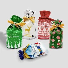 XIAMUY 50Pcs Small Christmas Gift Bags, Xmas Plastic Drawstring Gift Bags, Holid
