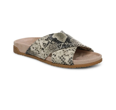 Vionic's Etna Slide Sandal, Cream Snake Print Leather