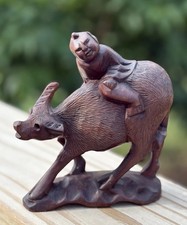 Vintage Asian Folk Art- Carved Hardwood Statue Water Buffalo Man Riding.