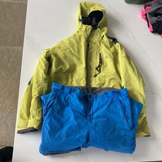 Ski Suit Jacket and Trousers Salopettes Large L Blue Hi Viz Green Yellow. Used.