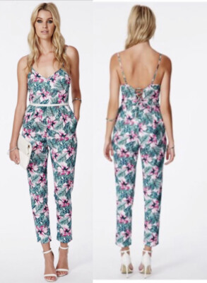 New Missguided Germina Tropical Backless Floral Print Pink Green Jumpsuit  Us - Main Image