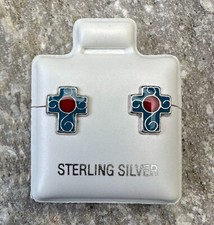 925 Sterling Silver Cross Enamel Screw-Back Baby Stud Earrings Kids