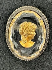 Victorian Revival Gold Tone Baroque Glass Cameo Intaglio Goddess Brooch