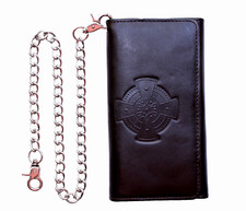 RFID Signal Biker's Trucker Brown Cross Embossed on Leather Trifold Chain Wallet