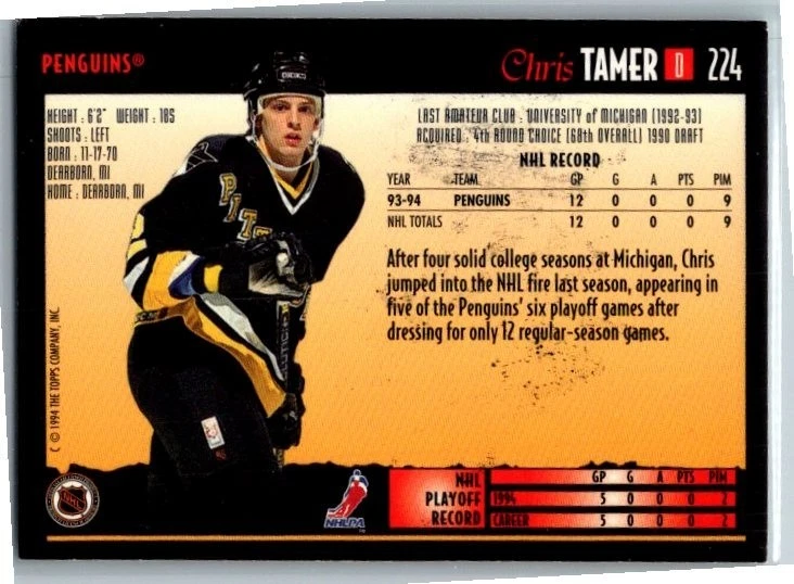 1994-95 -Chris Tamer- Premier Autograph/Signed/Auto Hockey Card #224 Penguins - Image 2 of 2