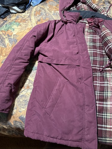 Basic Editions Women's Coat Burgundy/ Plaid Parka Jacket Medium Full Zip Toggle - Picture 2 of 13