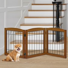 3-Panel Freestanding Foldable Wooden Dog Gate  Solid Wood  Steel Wire Chew-R...