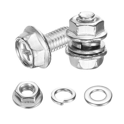 M6 x 12mm 10Pcs Flanged Hex Head Bolts with Nuts, Flat & Lock Washers, Silver
