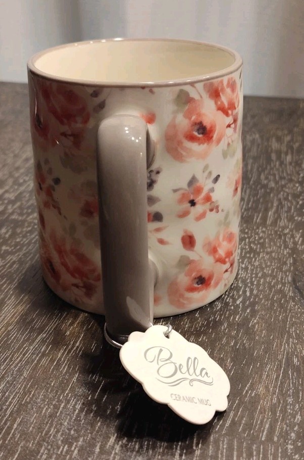 10 Strawberry Street Bella Gray & Pink Floral Mug Dimpled Cup with Flowers NEW