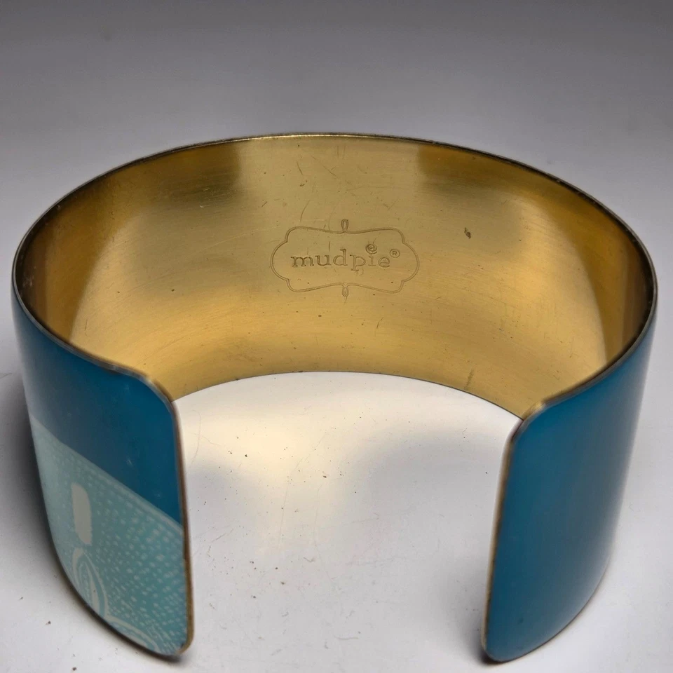 Brazalete MudPie Aqua Turquesa Azul Tono Dorado Grueso Abierto Dólar de Arena Playa Foto 4 de 4