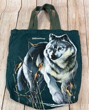 Vintage 1993 Harlequin Mills Green Tote Bag Wolf Yellowstone Made in USA