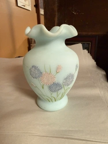 FENTON Blue Satin Glass Vase Asters Flower Signed