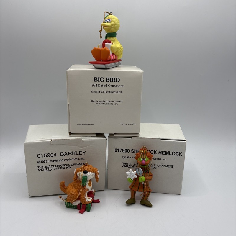 Jim Henson Grolier Christmas Ornaments Big Bird, Barkley, & Sherlock  Hemlock -M