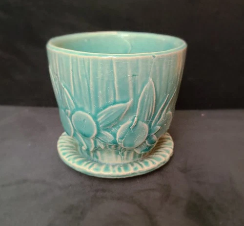 Vintage McCoy Teal "Sand Dollar" Design Planter with Attached Saucer