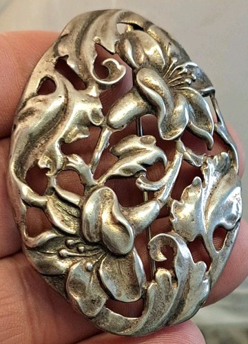 Spilla spilla ART NOUVEAU argento sterling figura fiore tridimensionale floreale GIGLIO - Foto 7 di 7