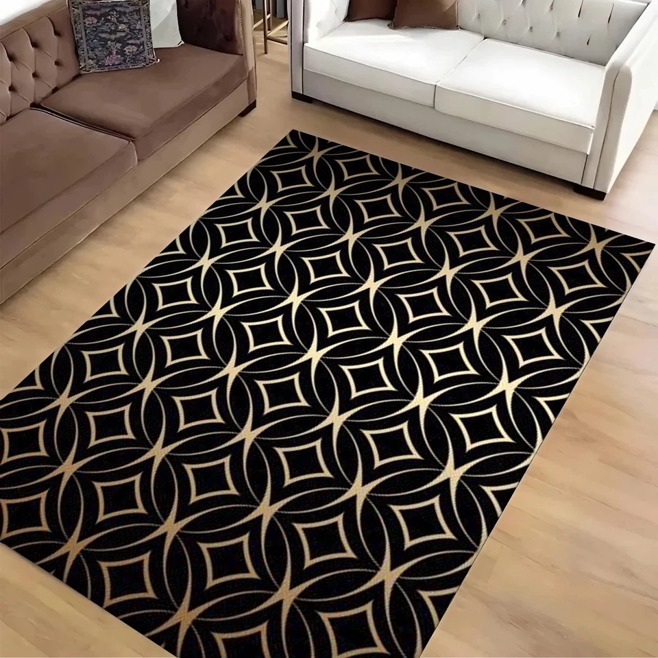Modern Art Deco Circles Pattern Area Rug | Black & Gold Decor - Image 2 of 4