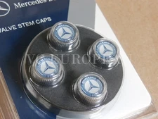 Mercedes-Benz Genuine Tire Valve Stem Cap Set, Laurel Blue on Silver Caps OEM !!