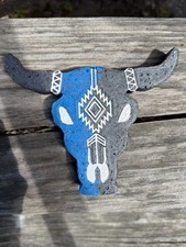Handmade Western Americana Bull Skull Décor Blue Gray Patterned Wall Art