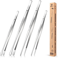 4 Pcs Fine Long Tweezer Tongs Professional Silver, 12'' and 10'' Stainless Steel
