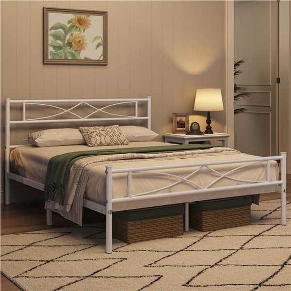 Lit double métal 140x200 cm blanc avec sommier lattes et tête de lit adulte cadre robuste