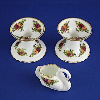 Two Royal Albert Old Country Roses Candleholders & Swan