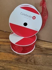 NEW Celebrate It Wired Edge Ribbon 2.5" Wide x 26 Yards Each 2x Red Sparkle