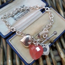 Azuni Vintage 925 Sterling Silver Bracelet, Strawberry Quartz Charm, 2004