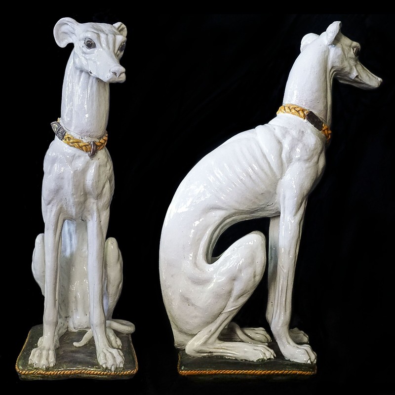 Incredible 1960s Life-Size Italian Galgo Greyhound Majolica Dog Statue Figurine