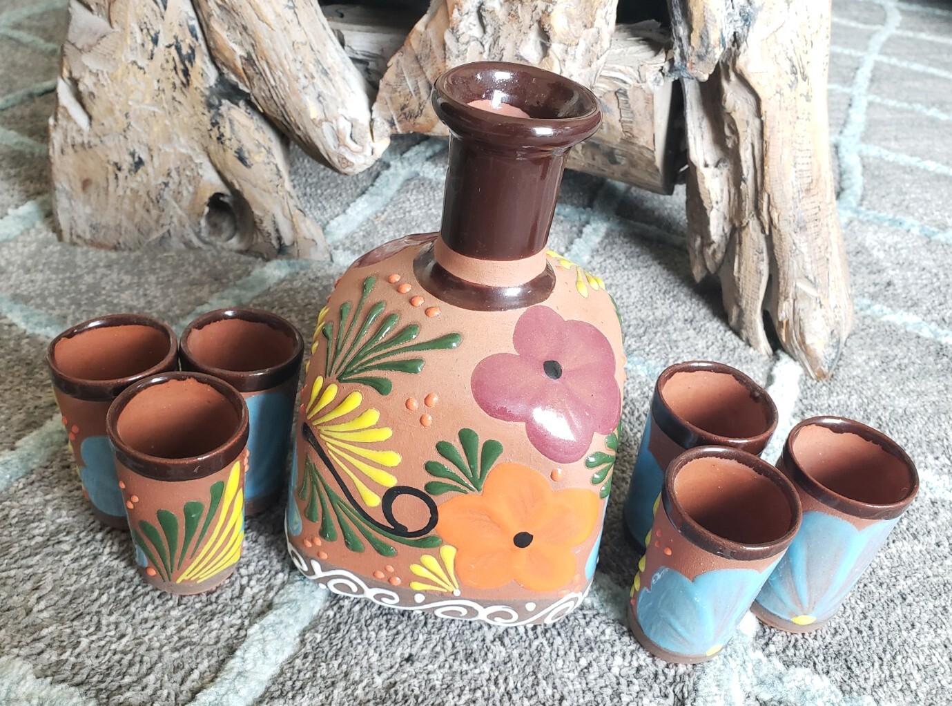 Tequila Decanter Bottle 6 Shot Glasses Set Made In Mexico