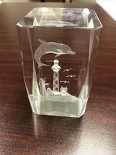 Lighthouse / Dolphin 3D Laser Etched Glass Cube Paperweight - 3 Tall