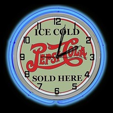 19" Pepsi Cola Ice Cold Sold Here Sign Double Blue Neon Clock Man Cave Garage