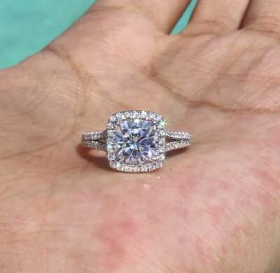 Ct Cushion Cut Colorless Moissanite Halo Engagement Ring 14K White Gold  Plated
