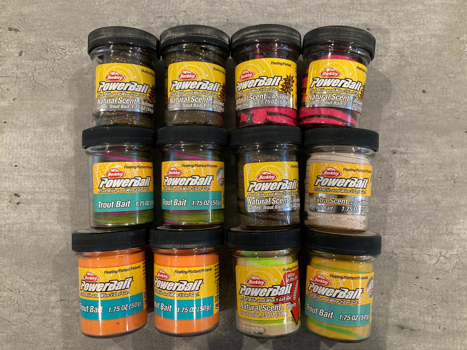 12 Jars Berkley PowerBait Trout Bait - New Sealed Assorted Colors