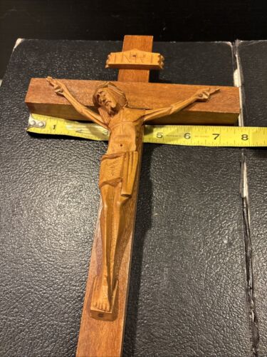 35) CROCIFISSO CROCE VINTAGE IN LEGNO INTAGLIATO A MANO ALTEZZA 16” - Foto 11 di 12