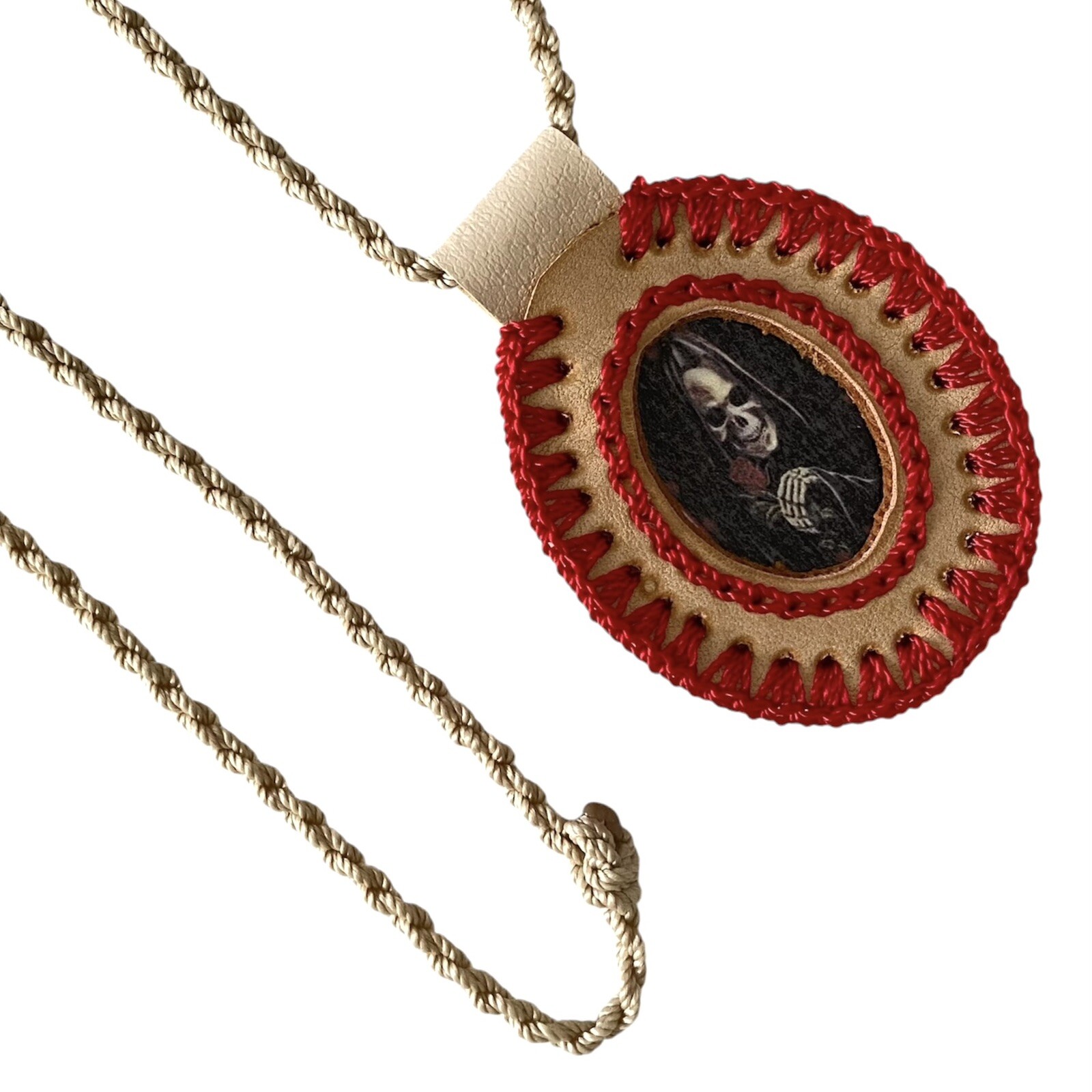 Holy Death Santa Muerte Escapulario Necklace Leather Pendant Knotted Rope