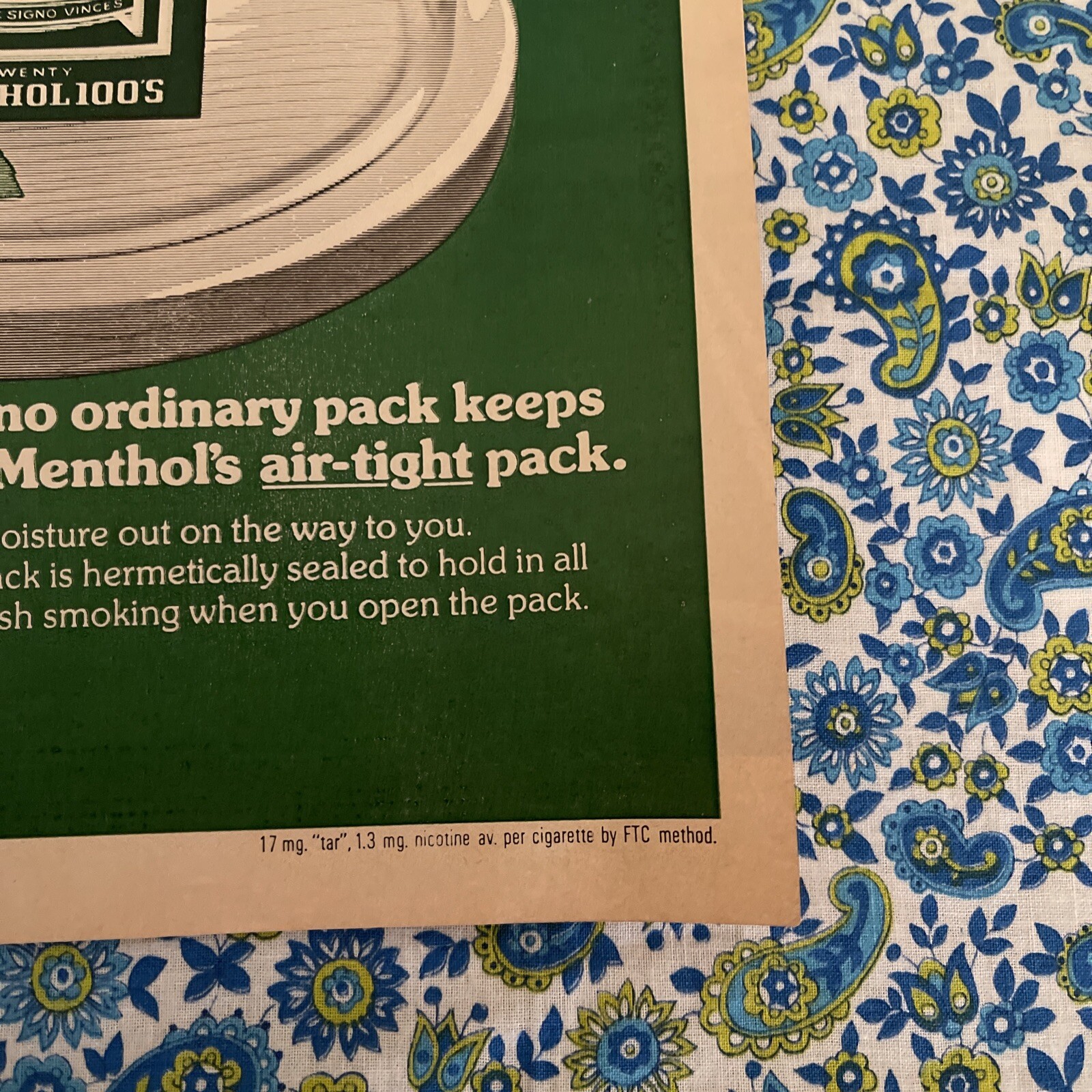 Vintage 1975 Pall Mall Cigarettes Print Menthol 100’s Air Tight Pack Ad Only