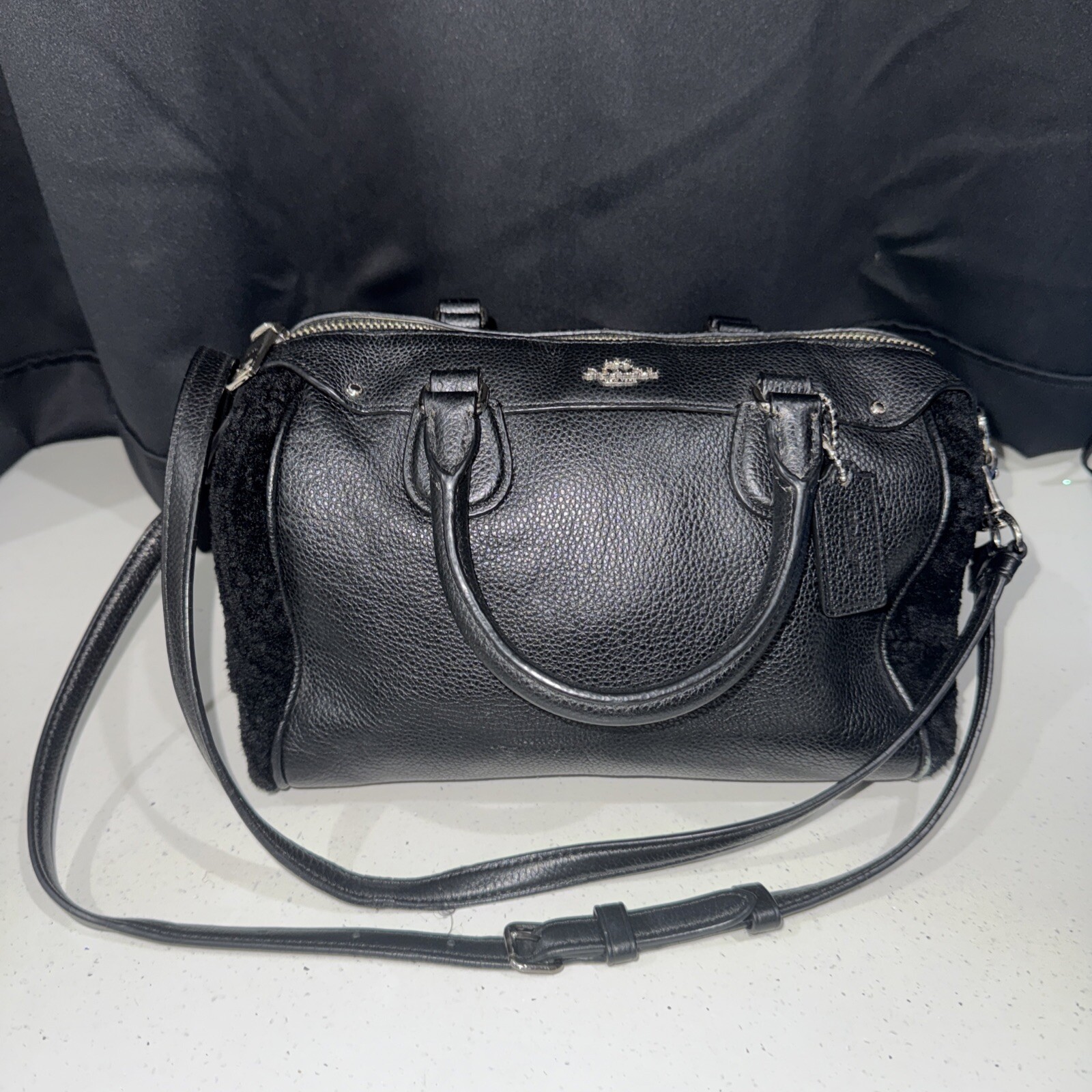 Coach Bennett Shearling Fluffy Black Leather Satchel with Silver Accents F36689