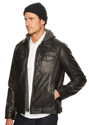 LEVI'S Faux Leather Trucker Jacket, Size Large, Black, Zipper, WAS