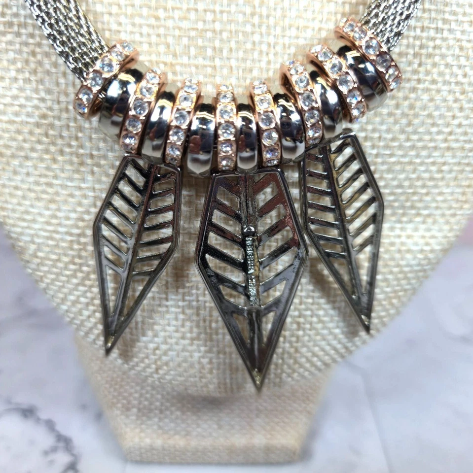 Collar Rebecca Minkoff Tono Plata Malla Oro Rosa Acento Cristal Hoja Colgantes Foto 4 de 4