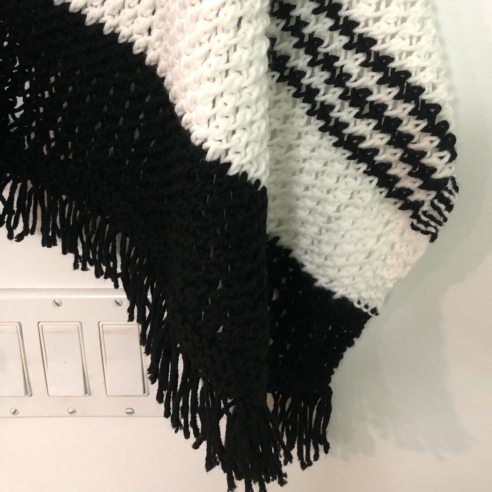 Handmade Black & White Knitted Shawl With Fringe - image 4