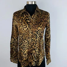 Chaps Womens Small S Cotton Animal Print Button Down Shirt Long Sleeves 